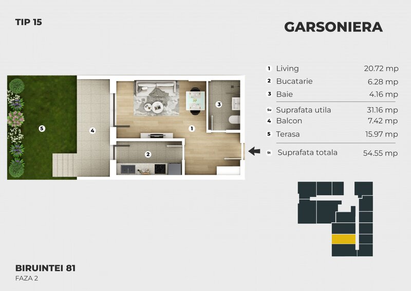 Siena Residence, garsoniera de vanzare, curte proprie 16 mp,